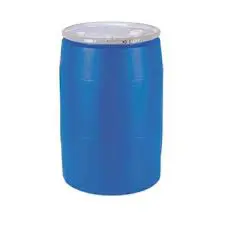 An Open Head Plastic Drum with a blue body and a sealed white lid, upright against a plain white background.