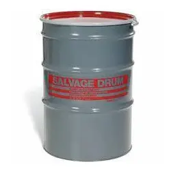85-Gallon Open-Head Salvage Drum: gray metal, red rim, red "SALVAGE DRUM" label on side, upright.