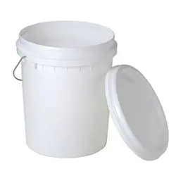 A Buckets/Pails Polyethylene Container in white with a metal handle and a separate lid beside it.